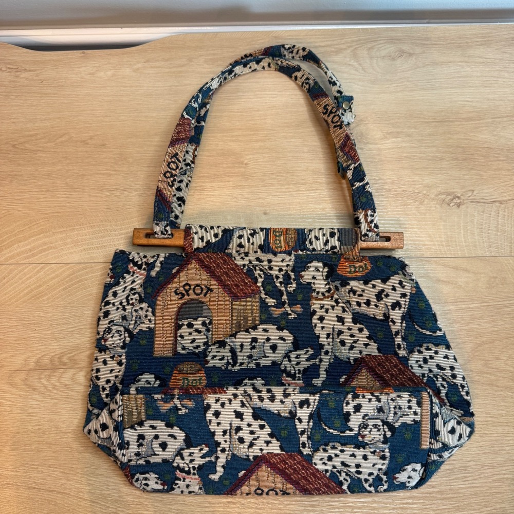Vintage Dalmatian Dog Tapestry Handbag Navy Blue Woven Tote Wood Handles